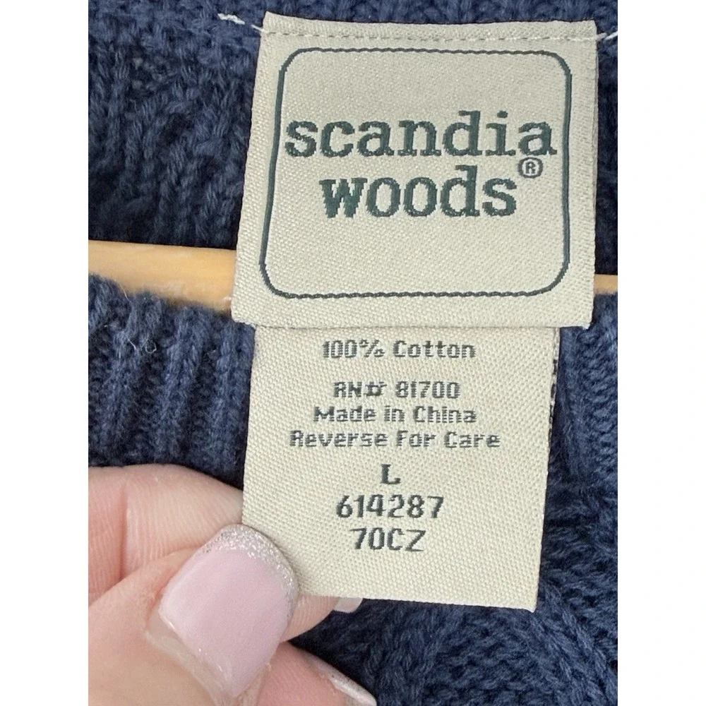 SCANDIA WOODS Men's Blue Cable Knit Cotton Crew Sweater Pullover -‎ LARGE